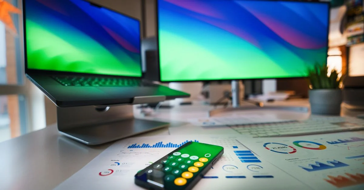 Bureau contemporain avec un ordinateur portable, une application calculatrice sur smartphone et des graphiques professionnels.