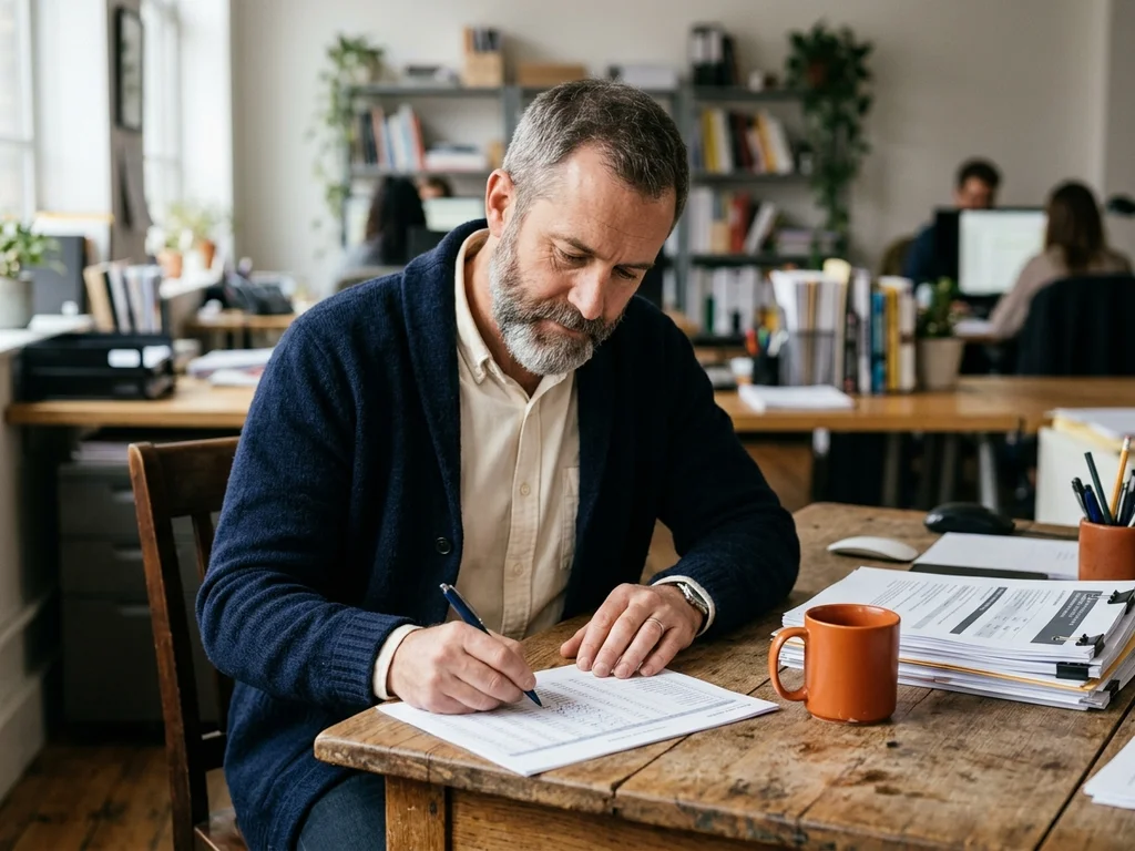 Consultant SEO senior analysant des données sur papier pour un audit à Noisy-le-Grand.