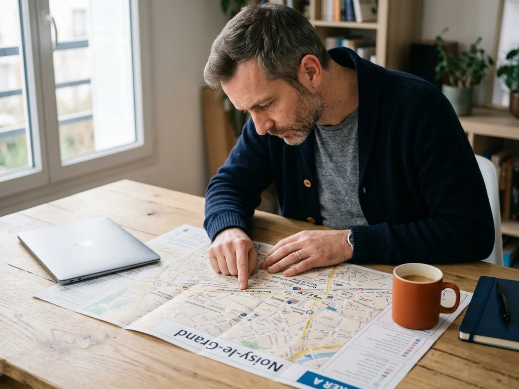 Consultant analysant une carte de Noisy-le-Grand pour un audit SEO local pr�cis.