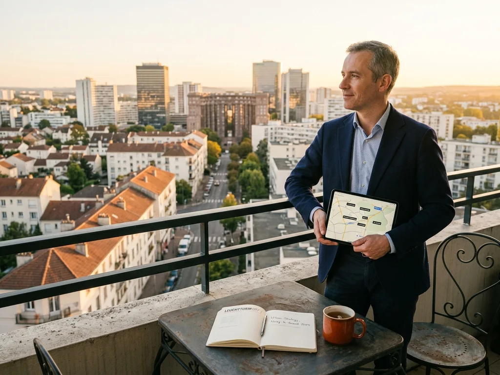 Consultant observant le panorama urbain de Noisy-le-Grand pour une stratégie de visibilité locale.