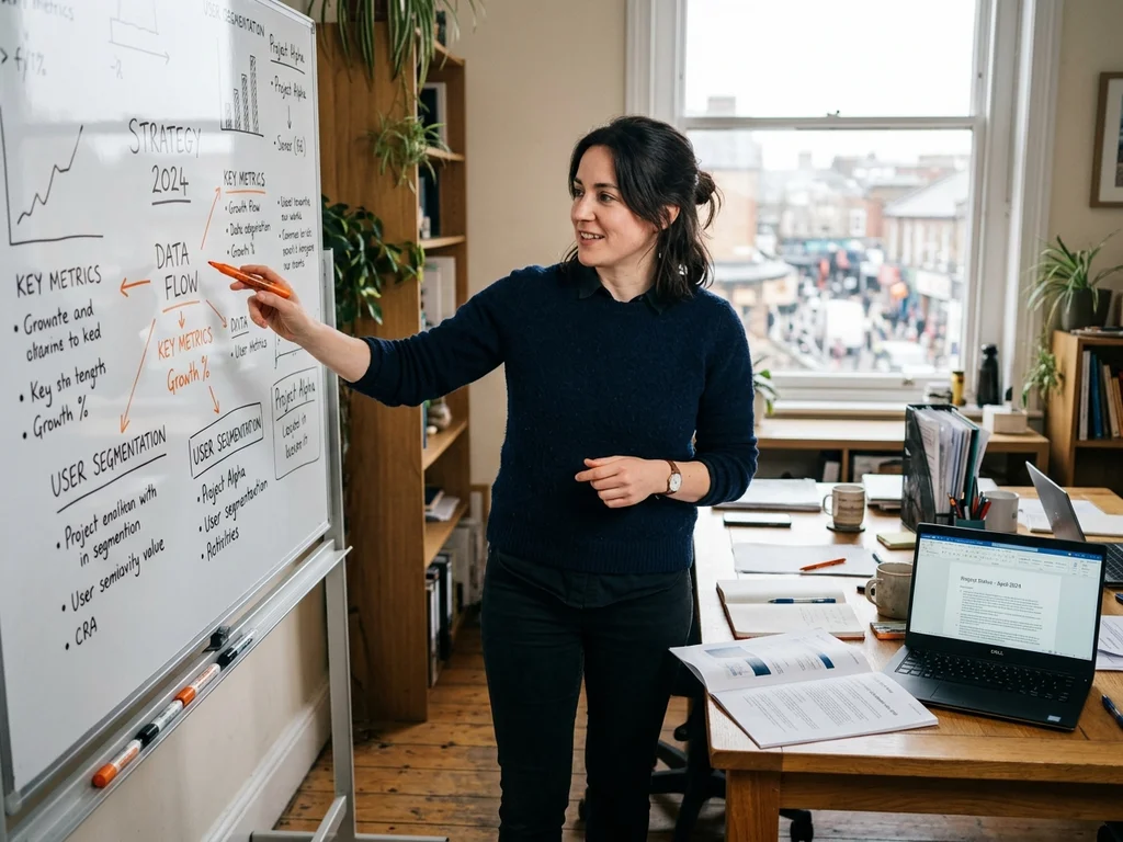 Consultant SEO analysant un planning éditorial sur un tableau pour attirer des clients à Noisy-le-Grand.