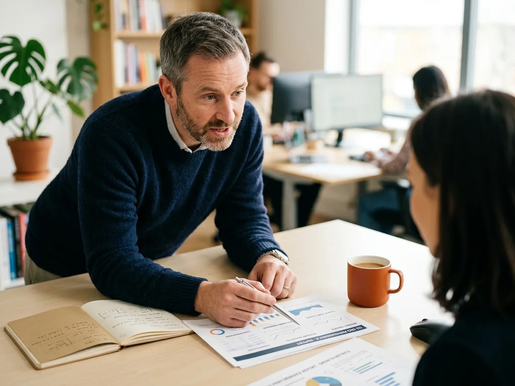 Consultant analysant un rapport de positionnement pour optimiser la conversion des contenus web.
