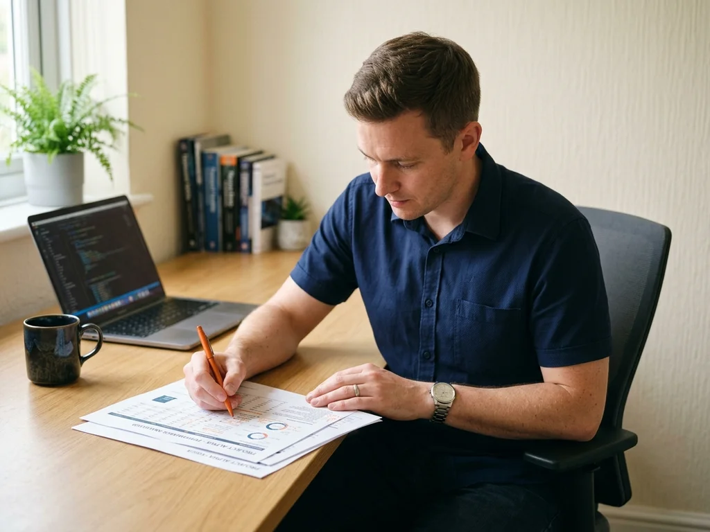 Portrait de Thomas Girard, consultant SEO technique analysant des rapports de performance à son bureau.